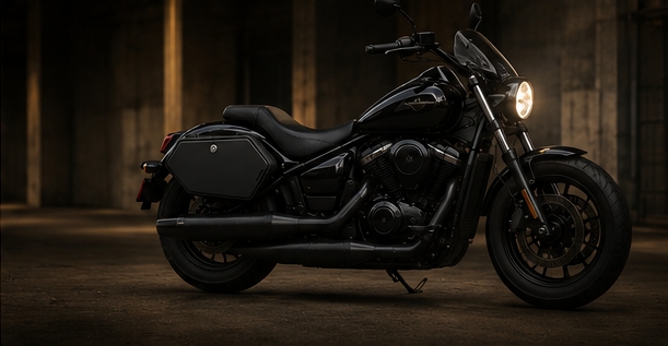 StealthPod integrated side storage mounted on a matte black Kawasaki Vulcan 900 cruiser