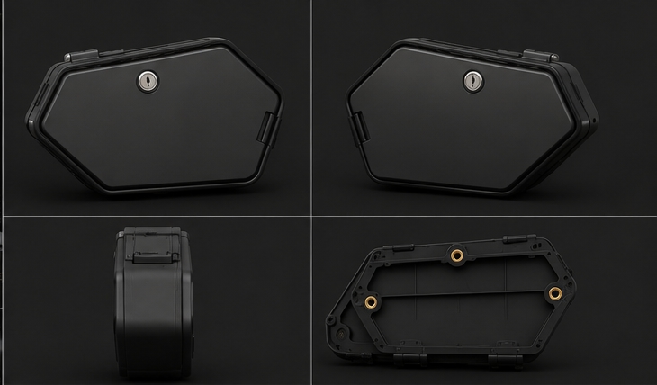 StealthPod detail views: keyed lock, slim profile, and bike-specific adapter plate with brass inserts