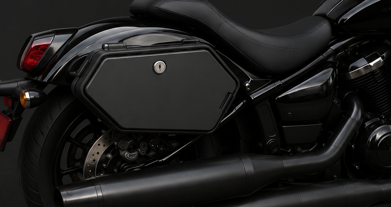 StealthPod lockable side storage installed on a Kawasaki Vulcan 900, keyed lock visible